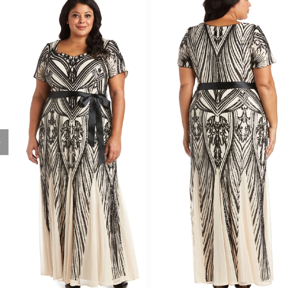 Elegant R&M richards champagne with black sequins dress size 16
